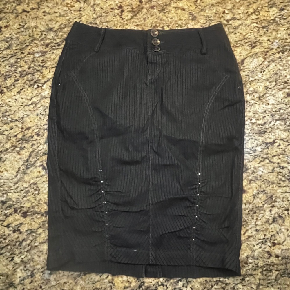 DKNY Jeans Womens Black Pinstripe Ruched Pencil Skirt Size 13 High Waist Studded
